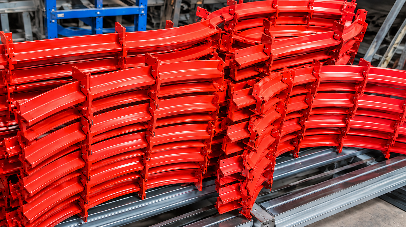 stacked red conveyor tracks in factory warehouse